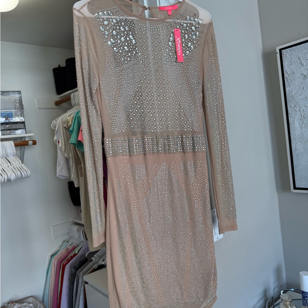 Xtaren Tan Long Sleeve Embellished Dress